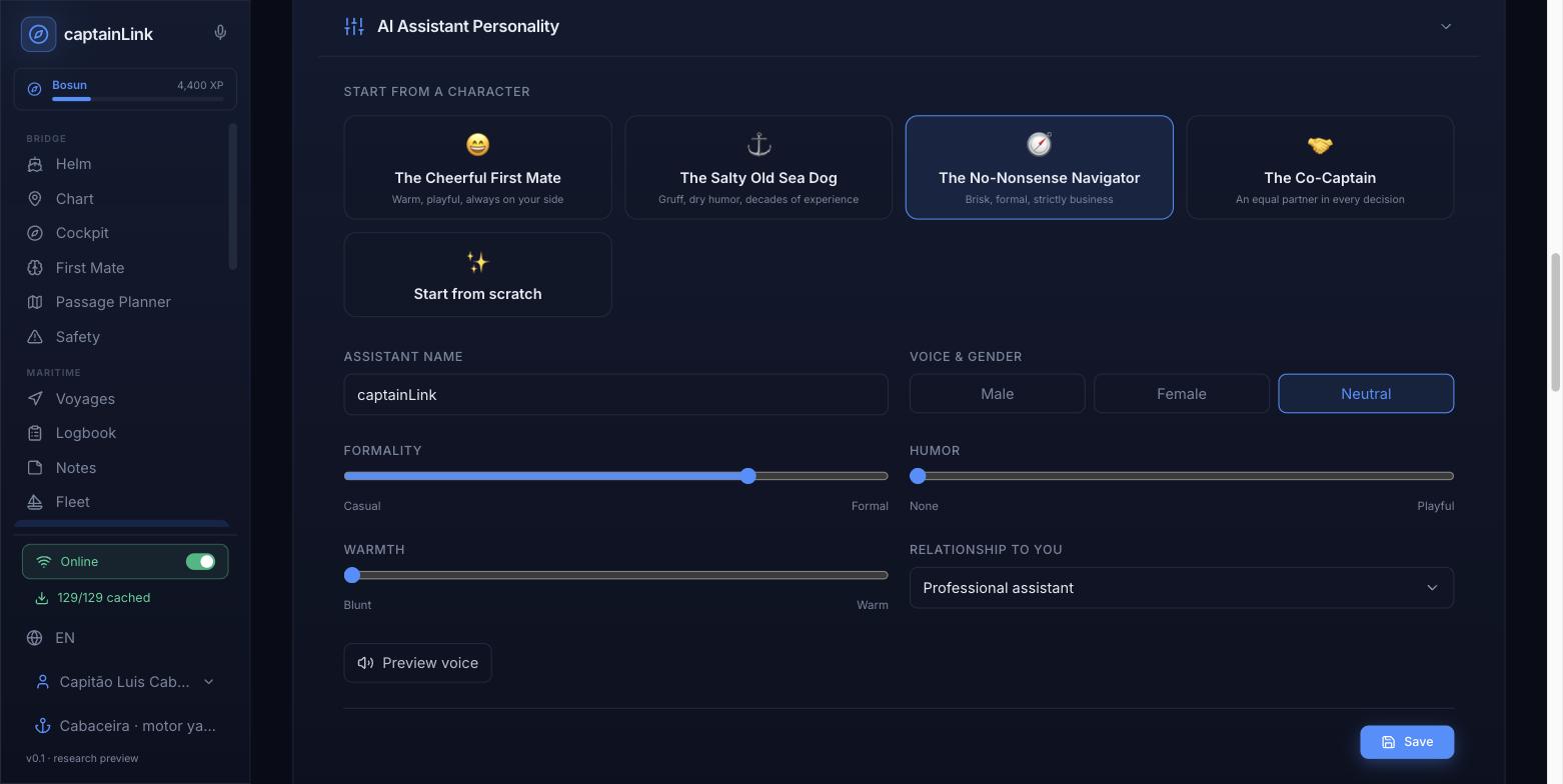 captainLink AI Personality screen